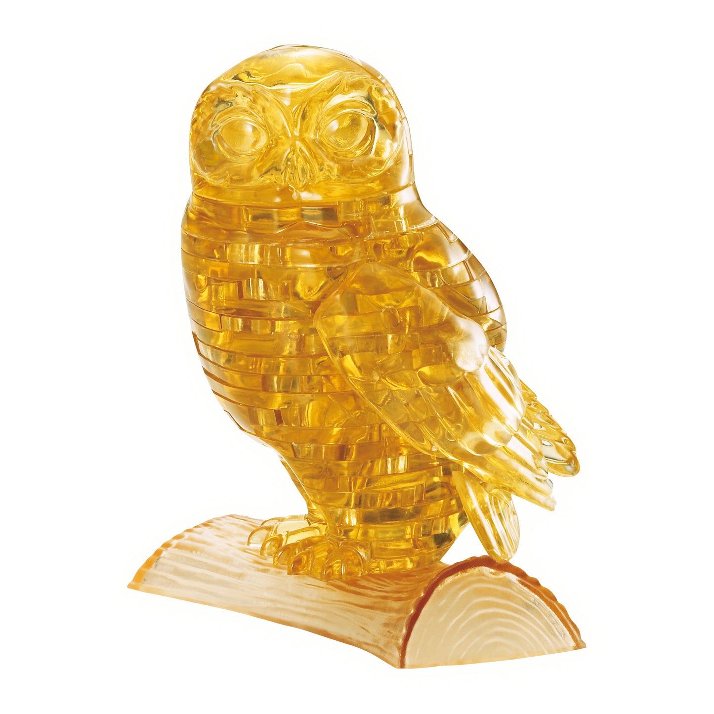 Golden yellow translucent 3D crystal puzzle owl perched on wooden base, 42 pieces