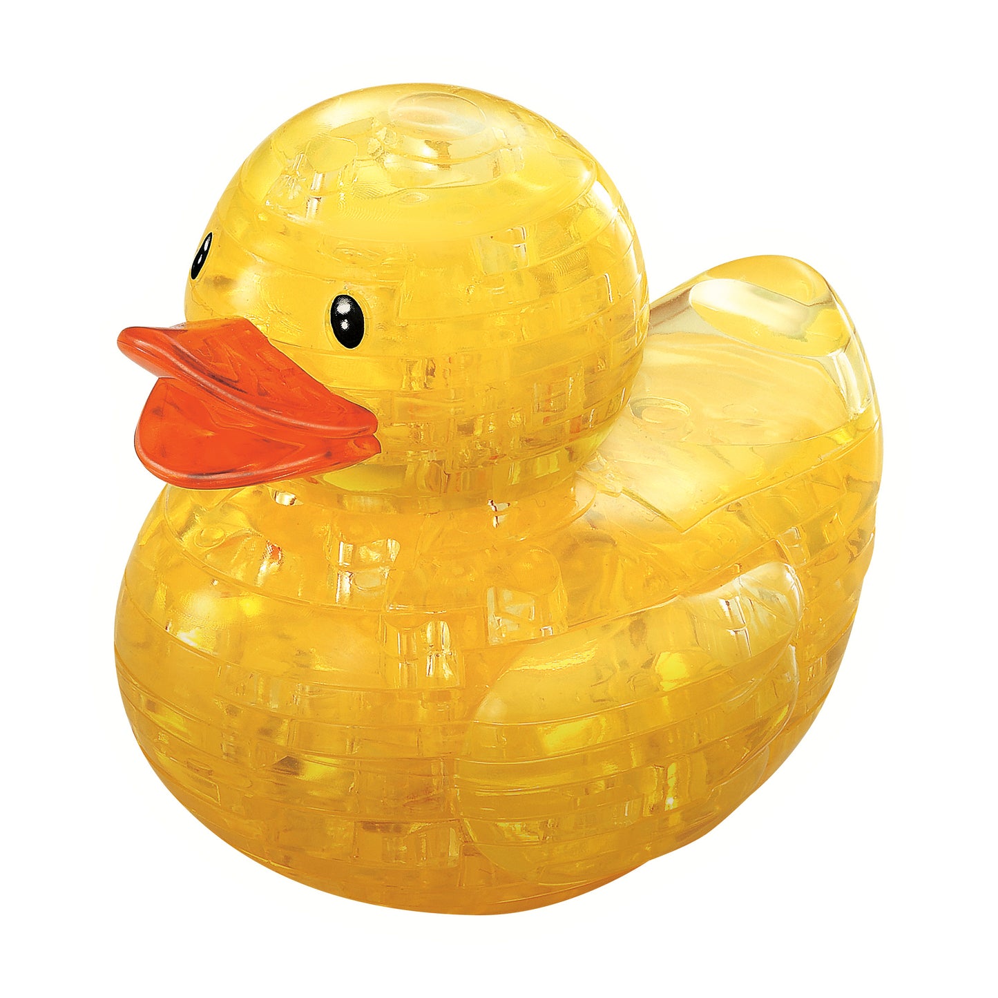 Yellow translucent 3D crystal puzzle duck with orange beak and black eyes on plain background