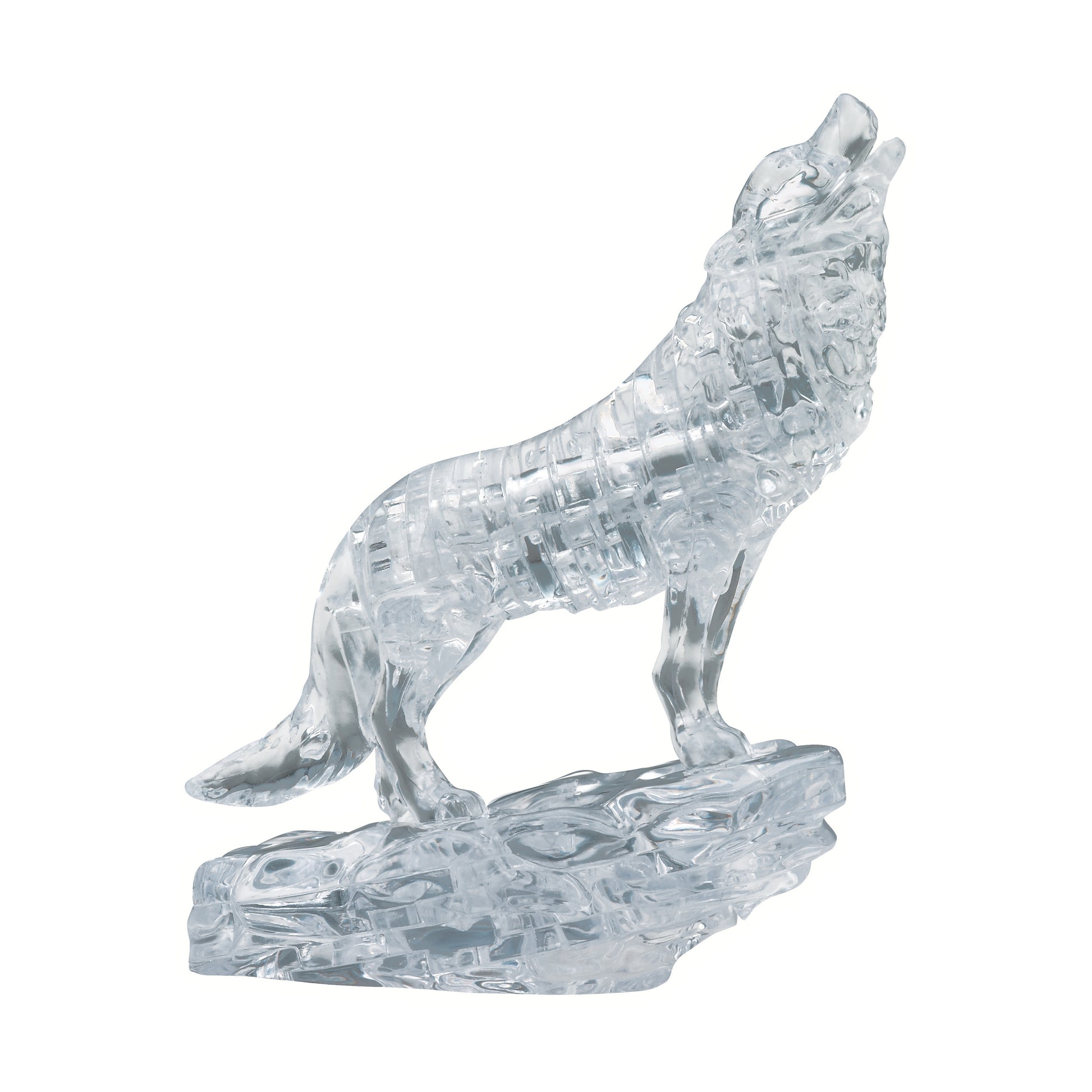 Clear crystal wolf 3D puzzle standing on transparent base, 38 pieces