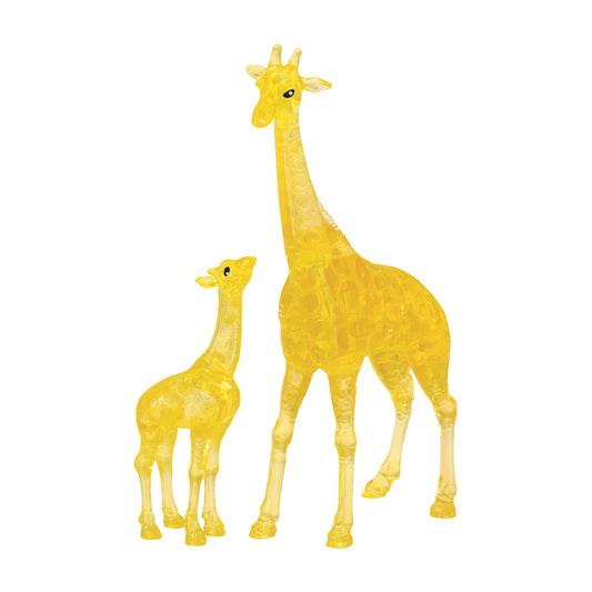 Yellow crystal puzzle giraffe and baby giraffe figurines on plain background