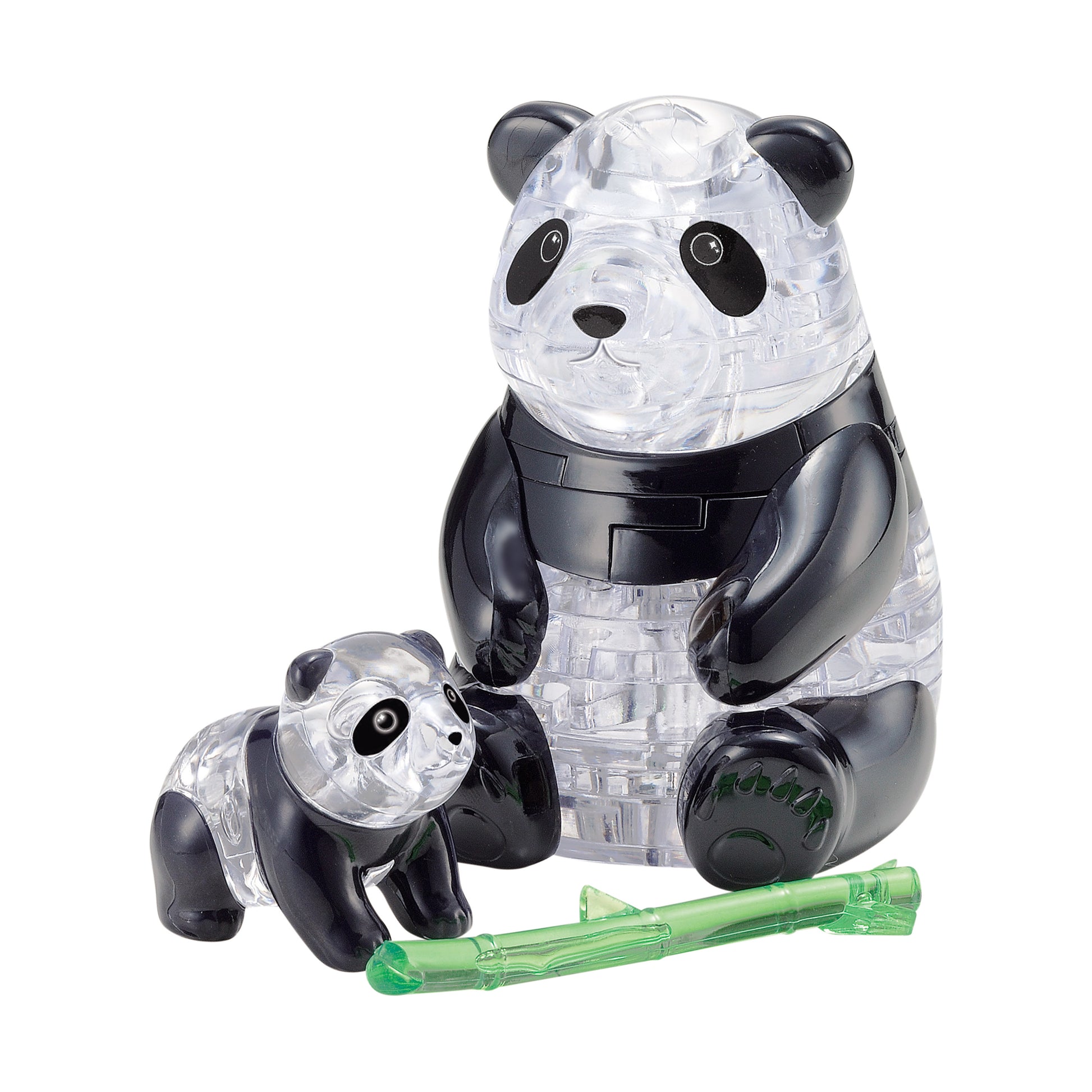3D crystal puzzle set with large adult panda and small baby panda in transparent and black plastic pieces, includes green bamboo stick accessory