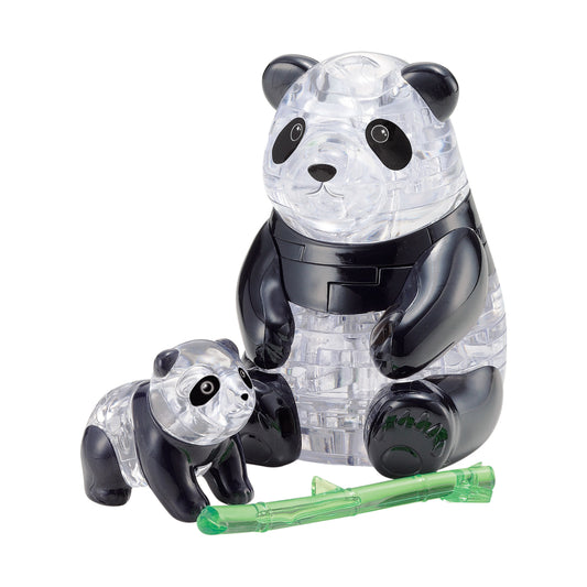 3D crystal puzzle set with large adult panda and small baby panda in transparent and black plastic pieces, includes green bamboo stick accessory