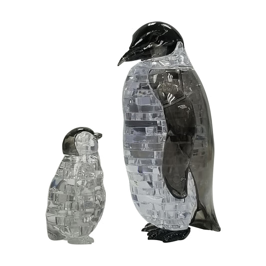 3D Crystal Puzzle - Penguin and Baby, 43-piece set with adult and chick penguin figurines in clear and black crystal