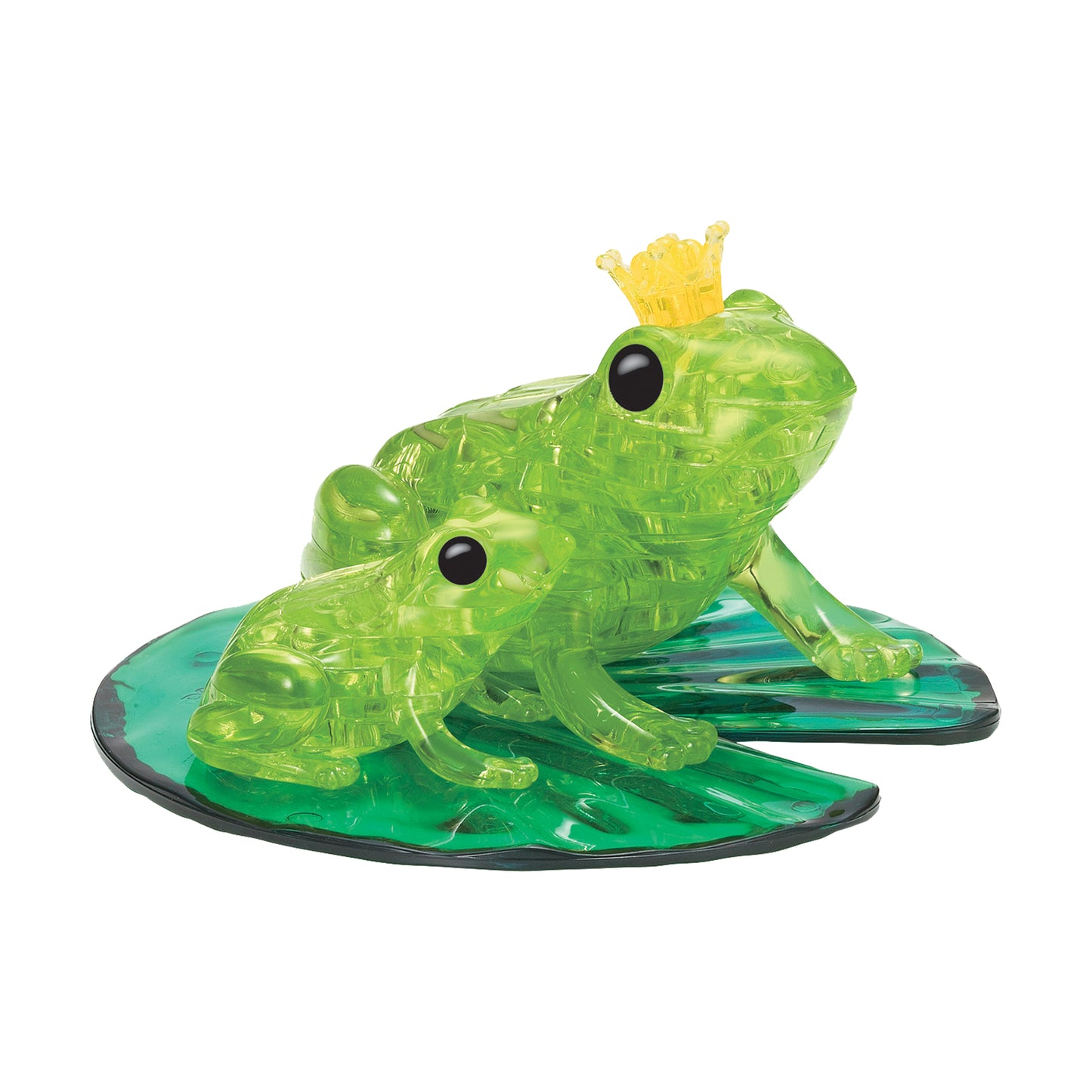 Two translucent lime green frogs with black eyes and yellow crowns sitting on a green lily pad base, 3D crystal puzzle