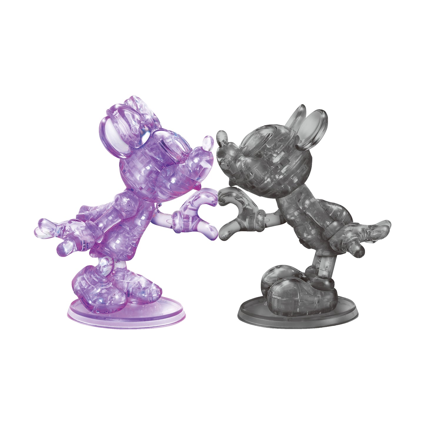Purple and gray translucent 3D crystal puzzle figures of Minnie and Mickey Mouse facing each other with hands forming a heart shape