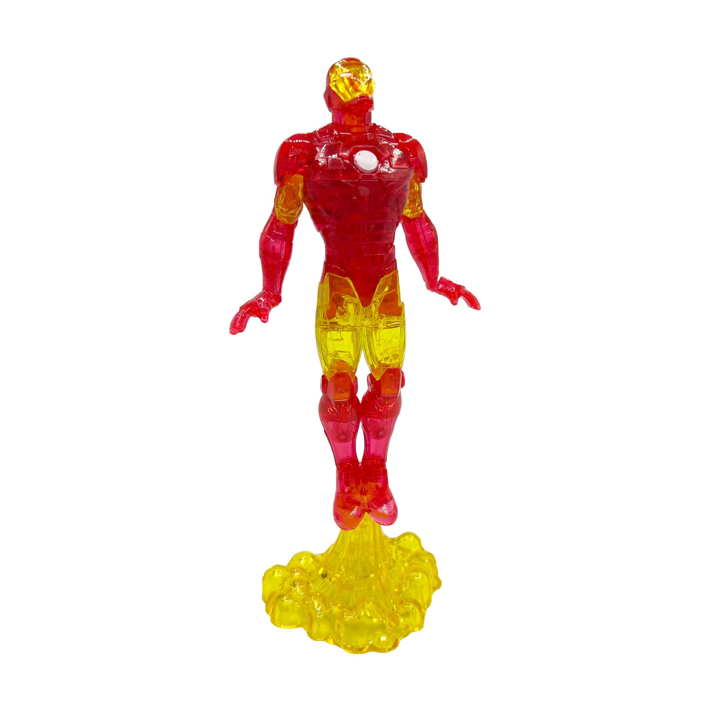 Red and yellow translucent crystal puzzle action figure of Iron Man standing on a yellow crystal base