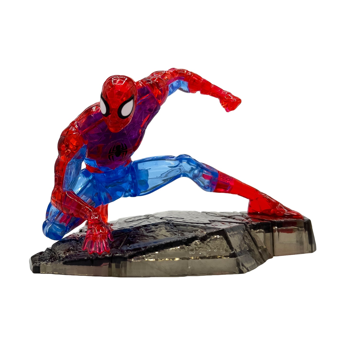 Red and blue translucent Spider-Man action figure in crouching pose on dark base, 3D crystal puzzle collectible