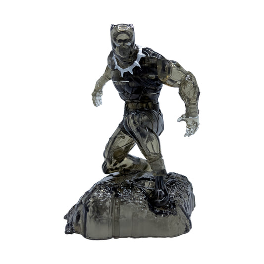 Black Panther action figure standing on a textured rock base, black and gray armor with translucent crystal-like finish