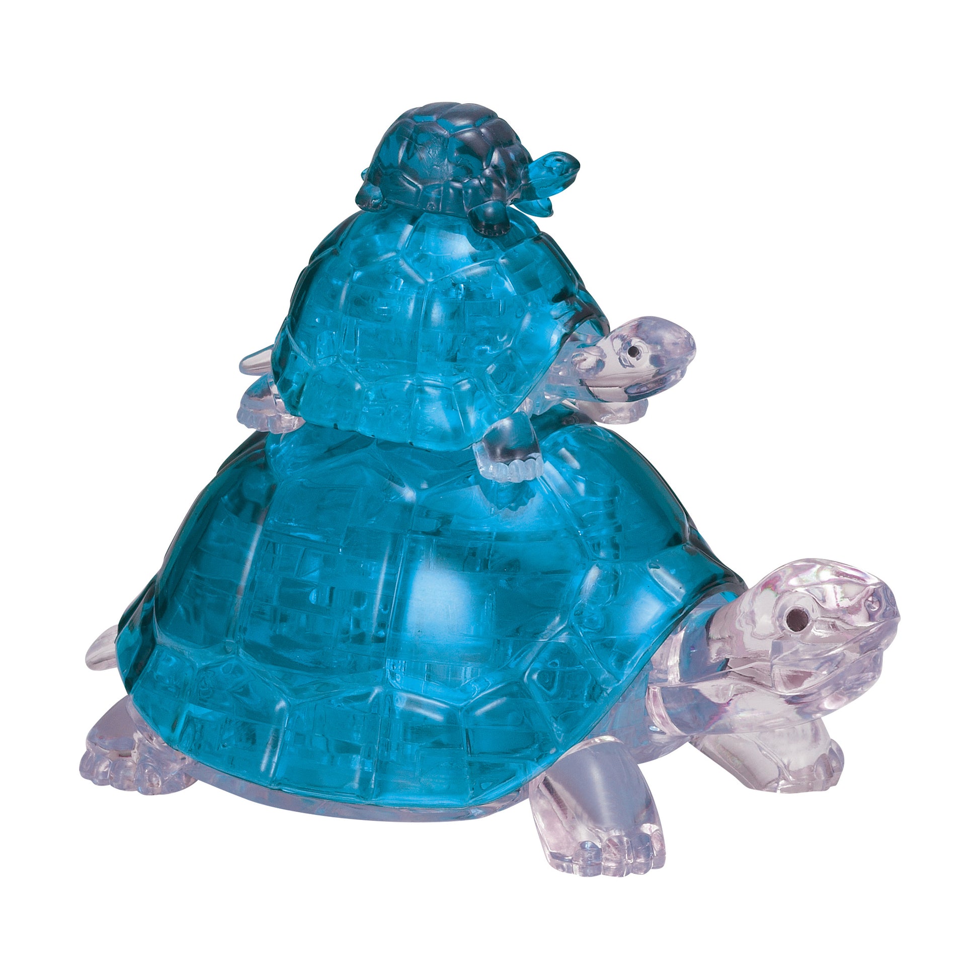 3D Crystal Puzzle - Tranquil Turtles Assembly with blue and clear turtle figurines stacked together on plain background