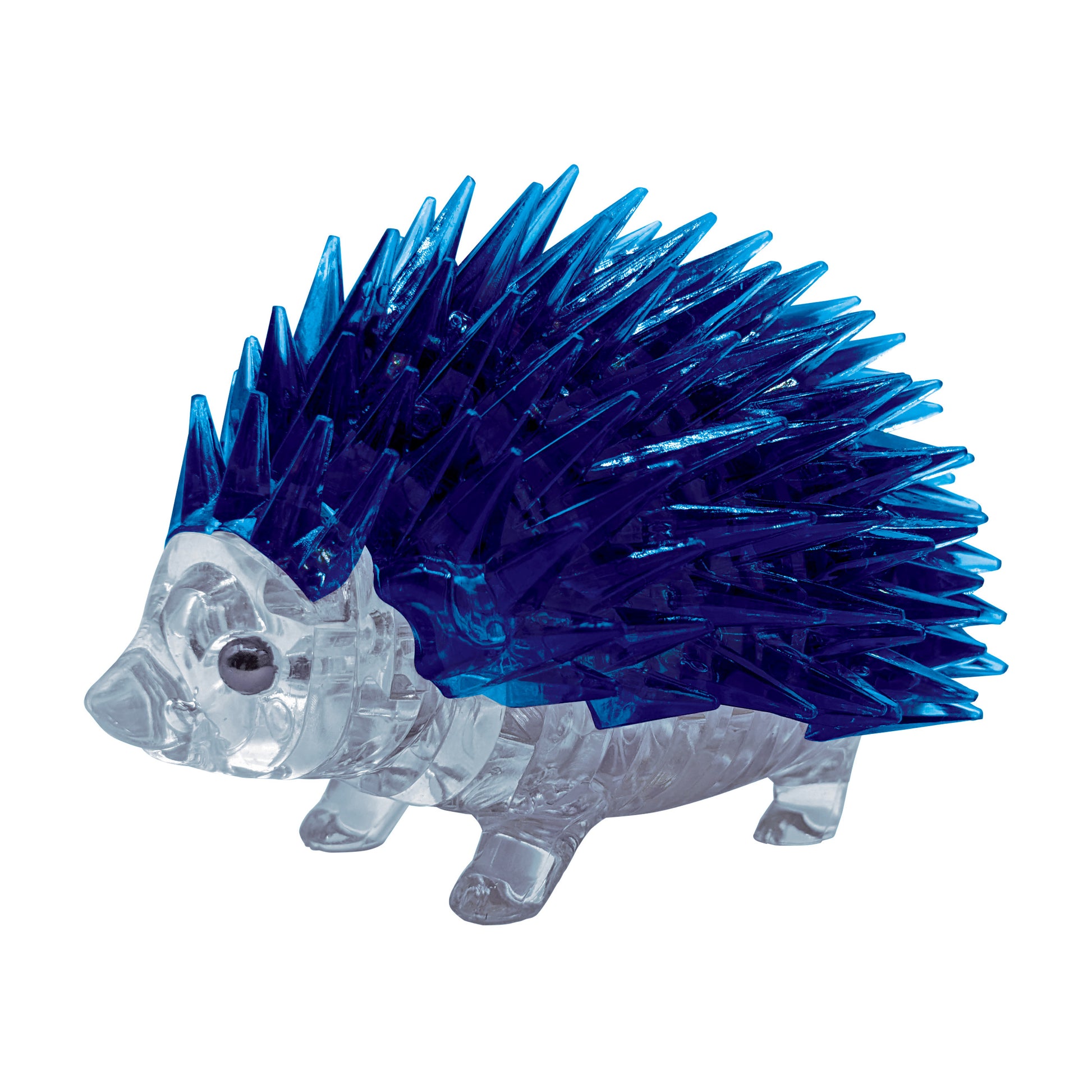 Blue Hedgehog 3D Crystal Puzzle with clear translucent body and blue spiky quills, 55 interlocking pieces