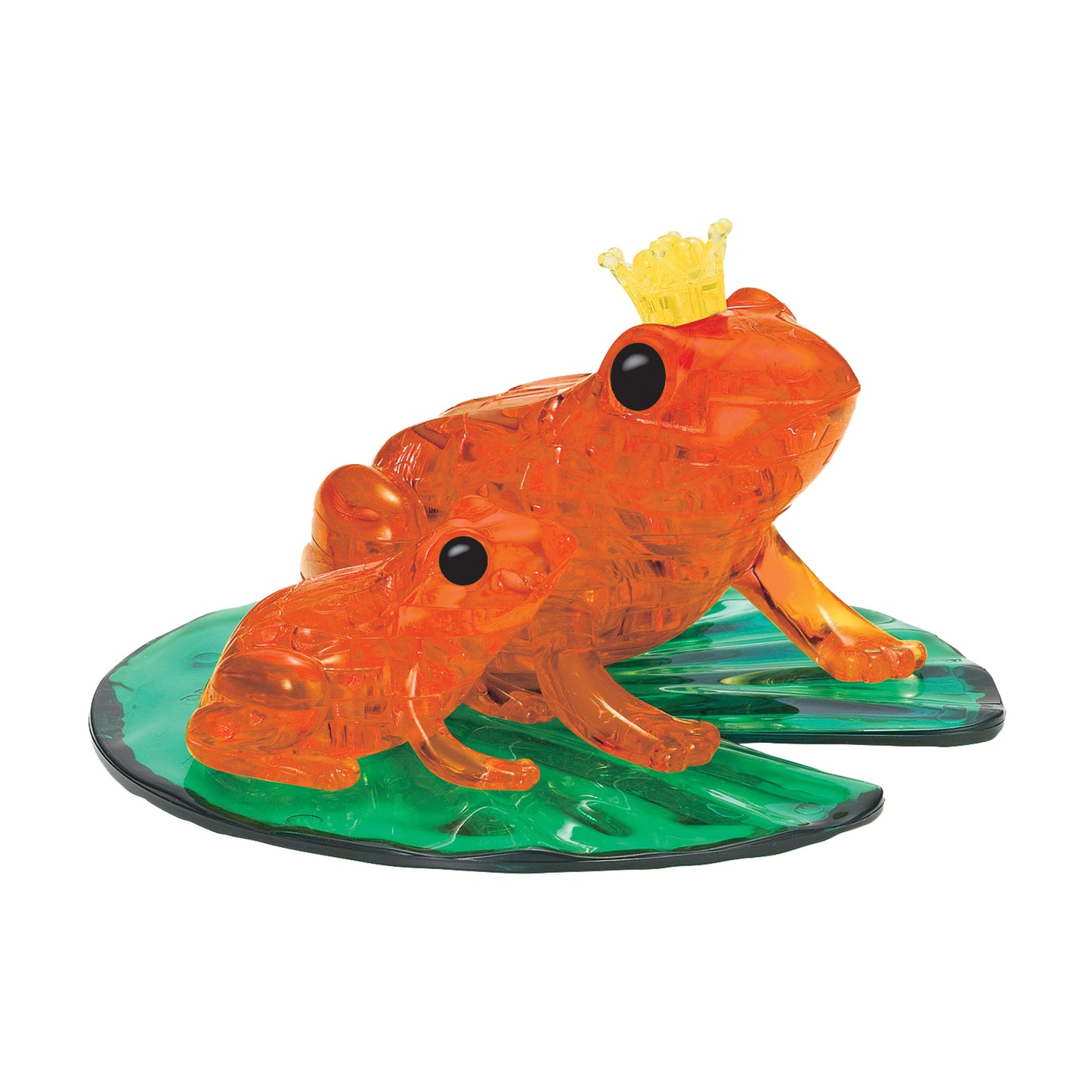 Orange translucent frog with yellow crown on green lily pad base, 3D crystal puzzle