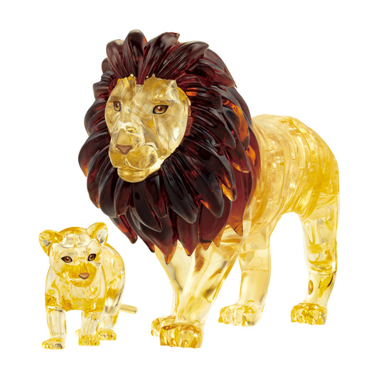 3D Crystal Puzzle - Lion and Baby in gold and amber with dark red mane, assembled figures on plain background