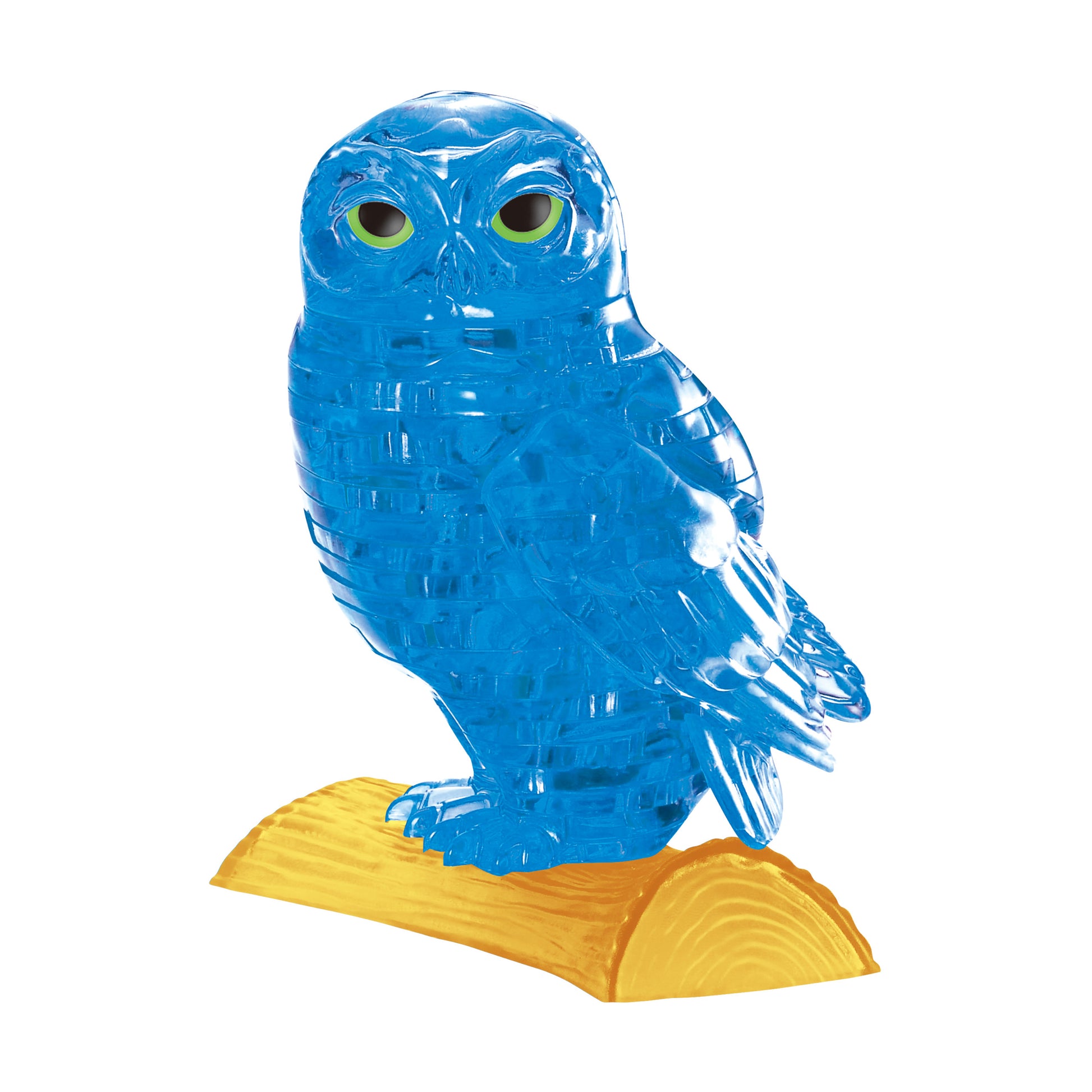 Blue translucent owl figurine with yellow-green eyes on yellow and orange base