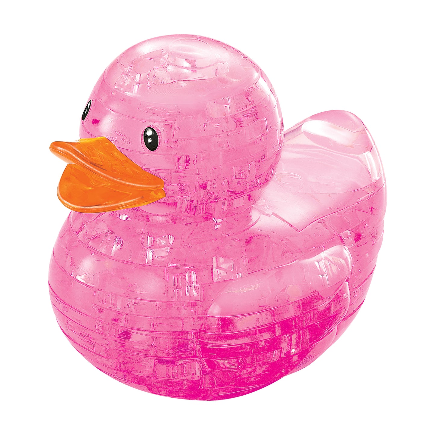 Pink translucent 3D crystal puzzle rubber duck with orange beak and black eyes on plain background