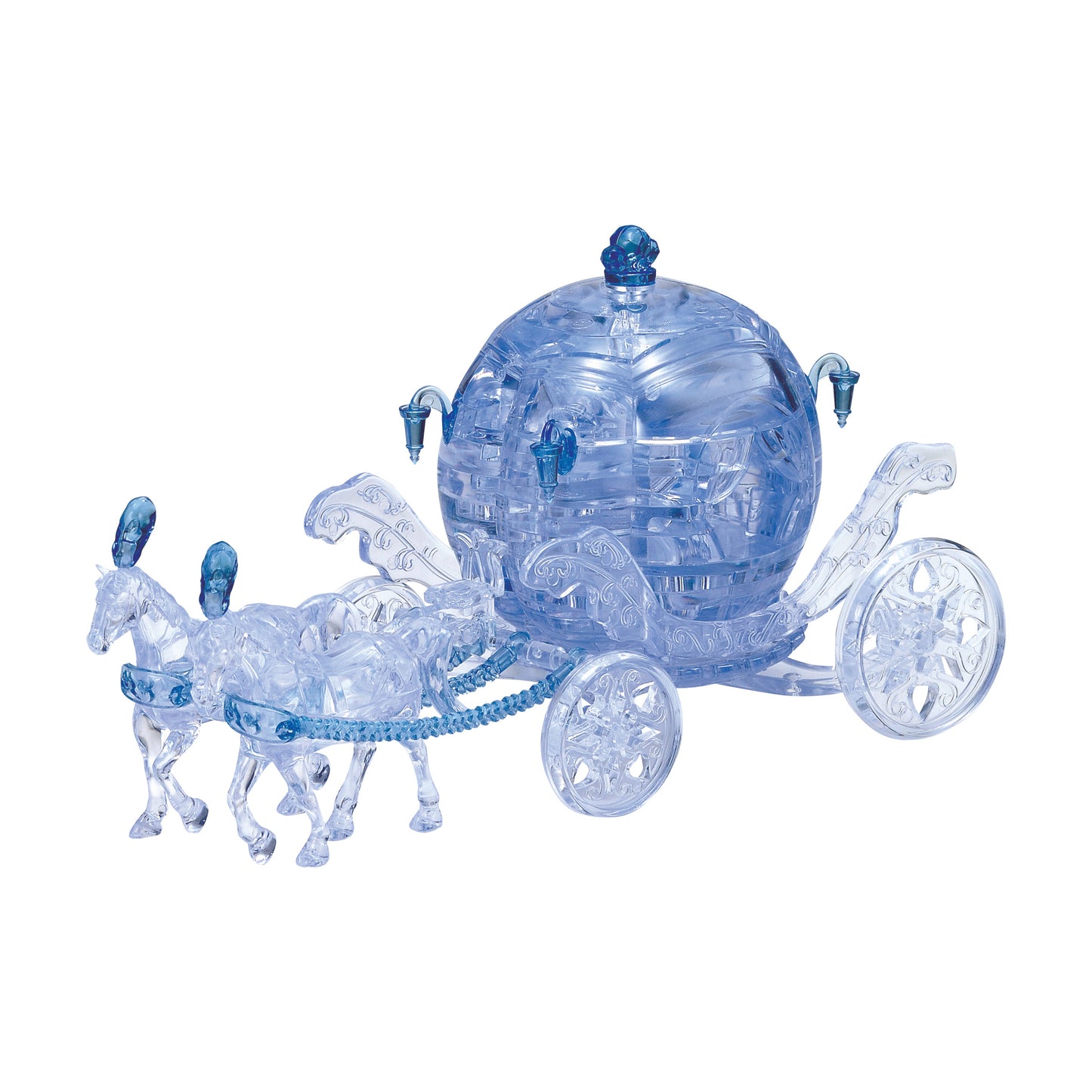 Blue translucent 3D crystal puzzle carriage with two horse figures and decorative wheels on plain white background