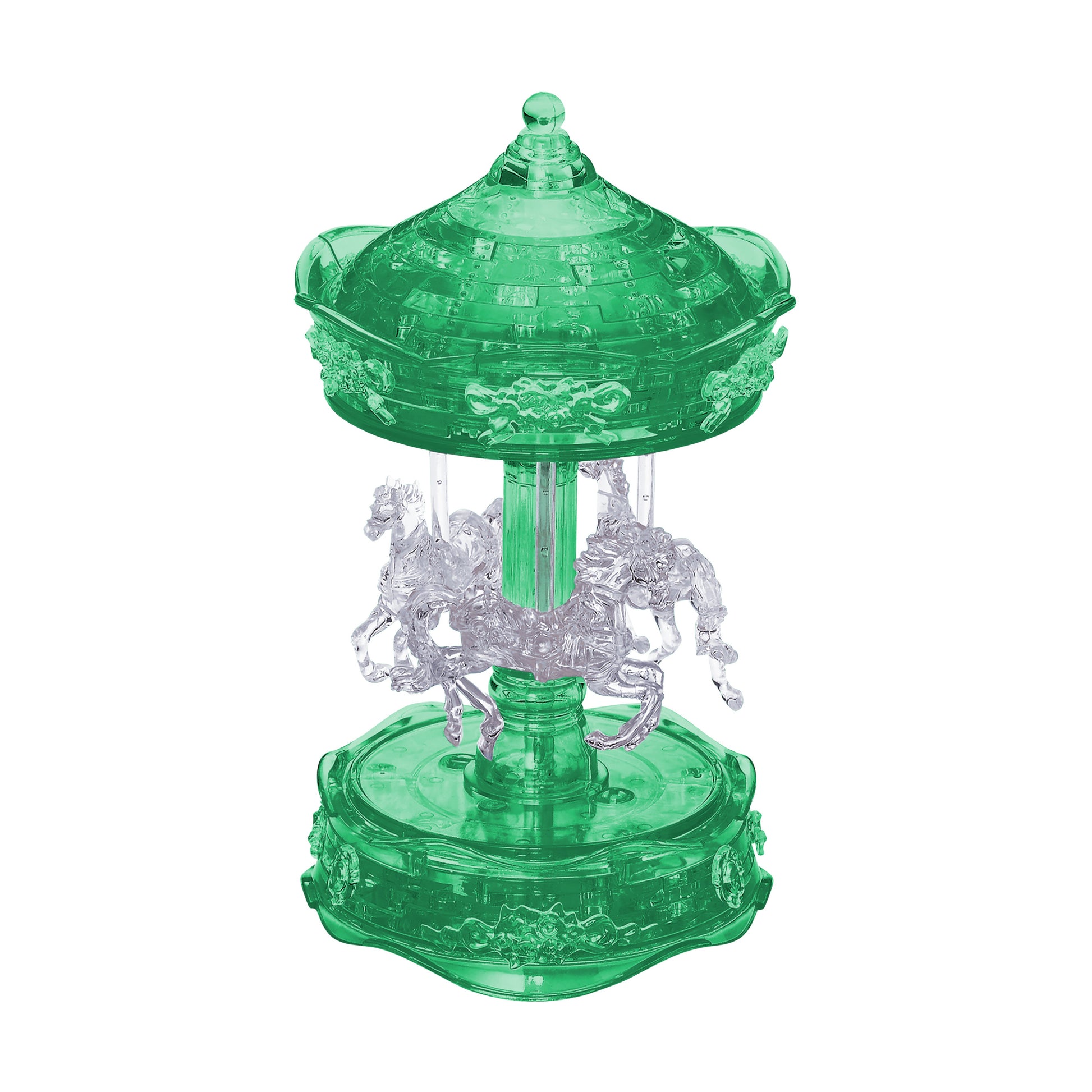 BePuzzled 3D Crystal Carousel Puzzle in green and clear plastic, 83 pieces, with rotating carousel top, transparent horses, and decorative base