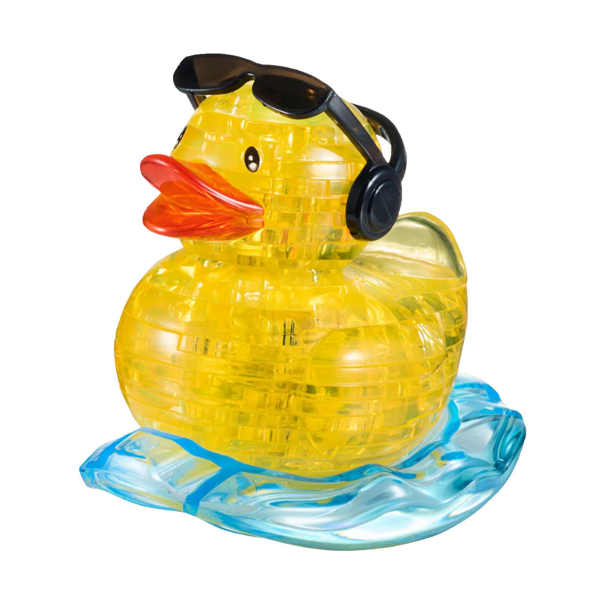 Yellow 3D crystal puzzle duck wearing black headphones and sunglasses, sitting on blue wave-shaped base