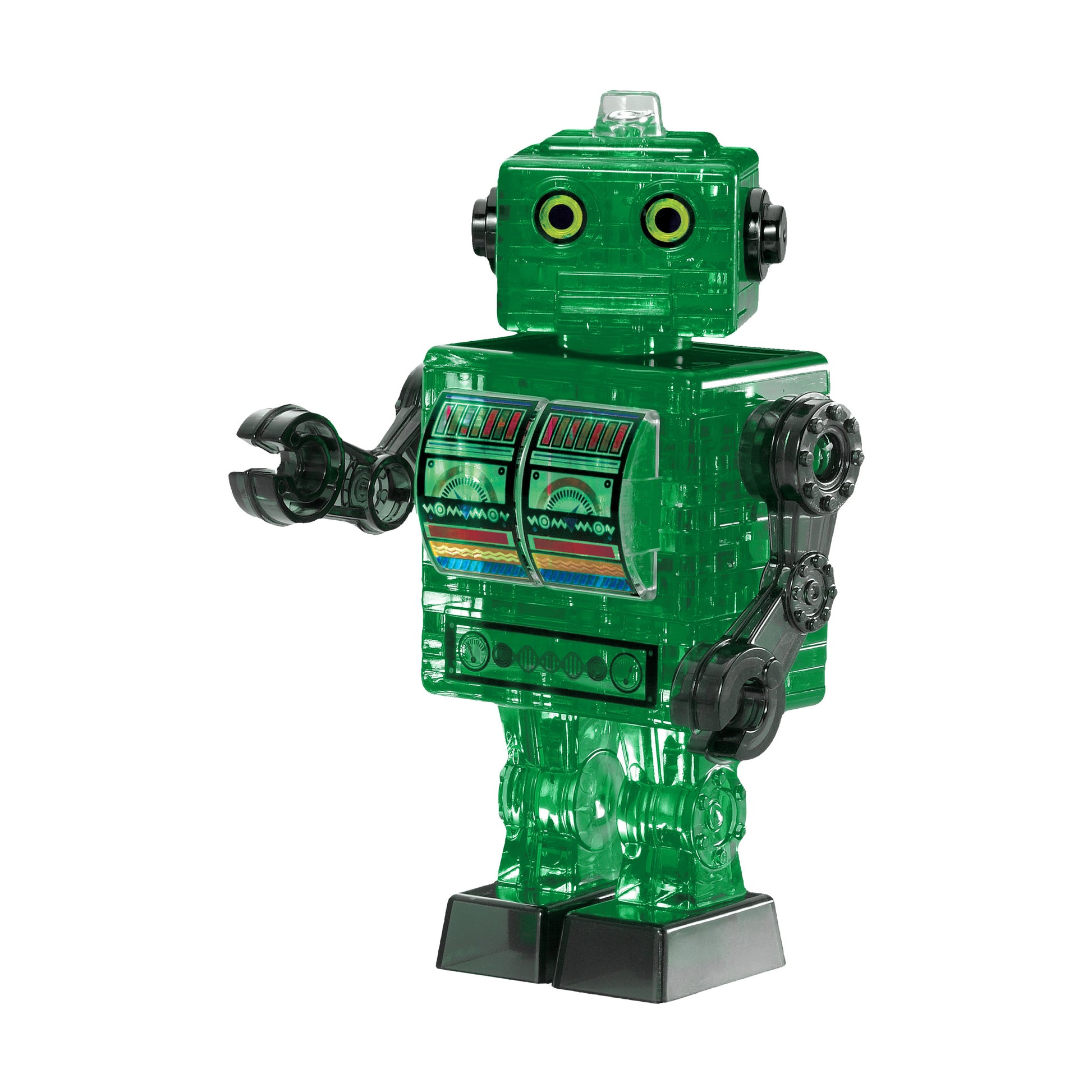 Green tin robot with yellow eyes, black limbs, colorful chest panel with wave design, and black base