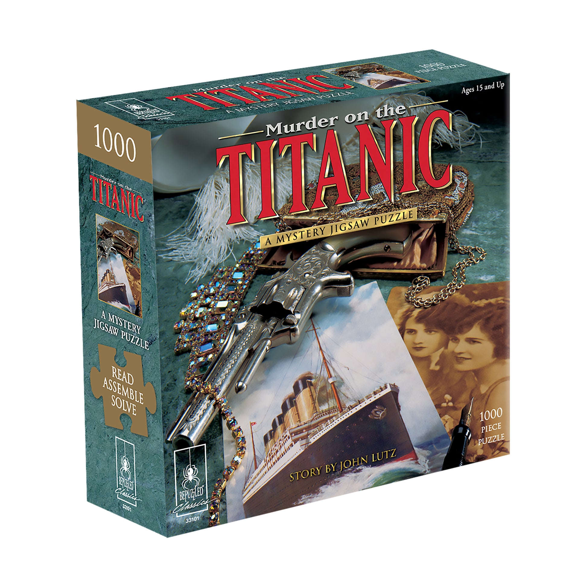 Murder on the Titanic 1000-piece mystery jigsaw puzzle box featuring a revolver, ship imagery, and vintage portrait photos