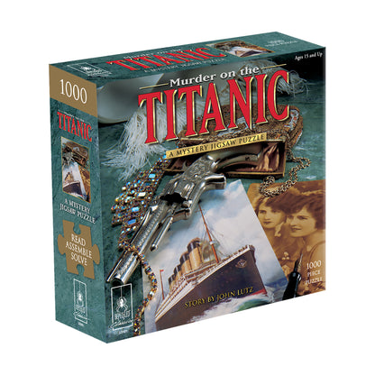 Murder on the Titanic 1000-piece mystery jigsaw puzzle box featuring a revolver, ship imagery, and vintage portrait photos