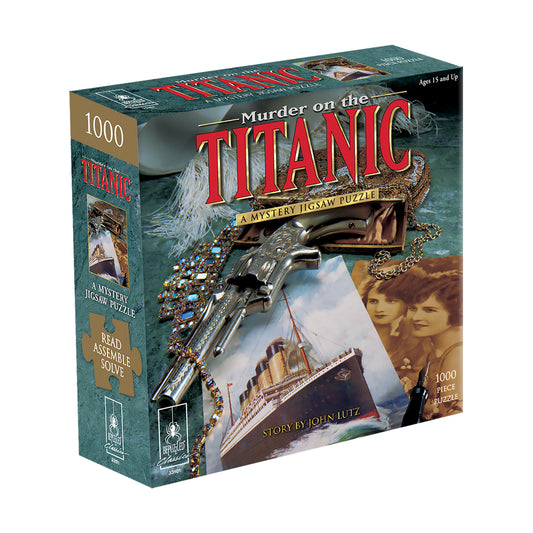 Murder on the Titanic 1000-piece mystery jigsaw puzzle box featuring a revolver, ship imagery, and vintage portrait photos