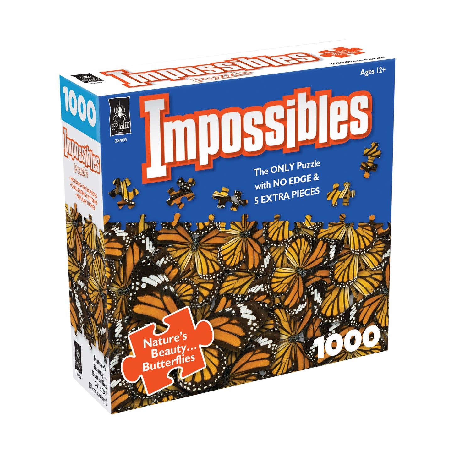 Impossibles 1000-piece puzzle box featuring monarch butterflies on blue packaging, labeled 'Nature's Beauty... Butterflies' with no edge pieces