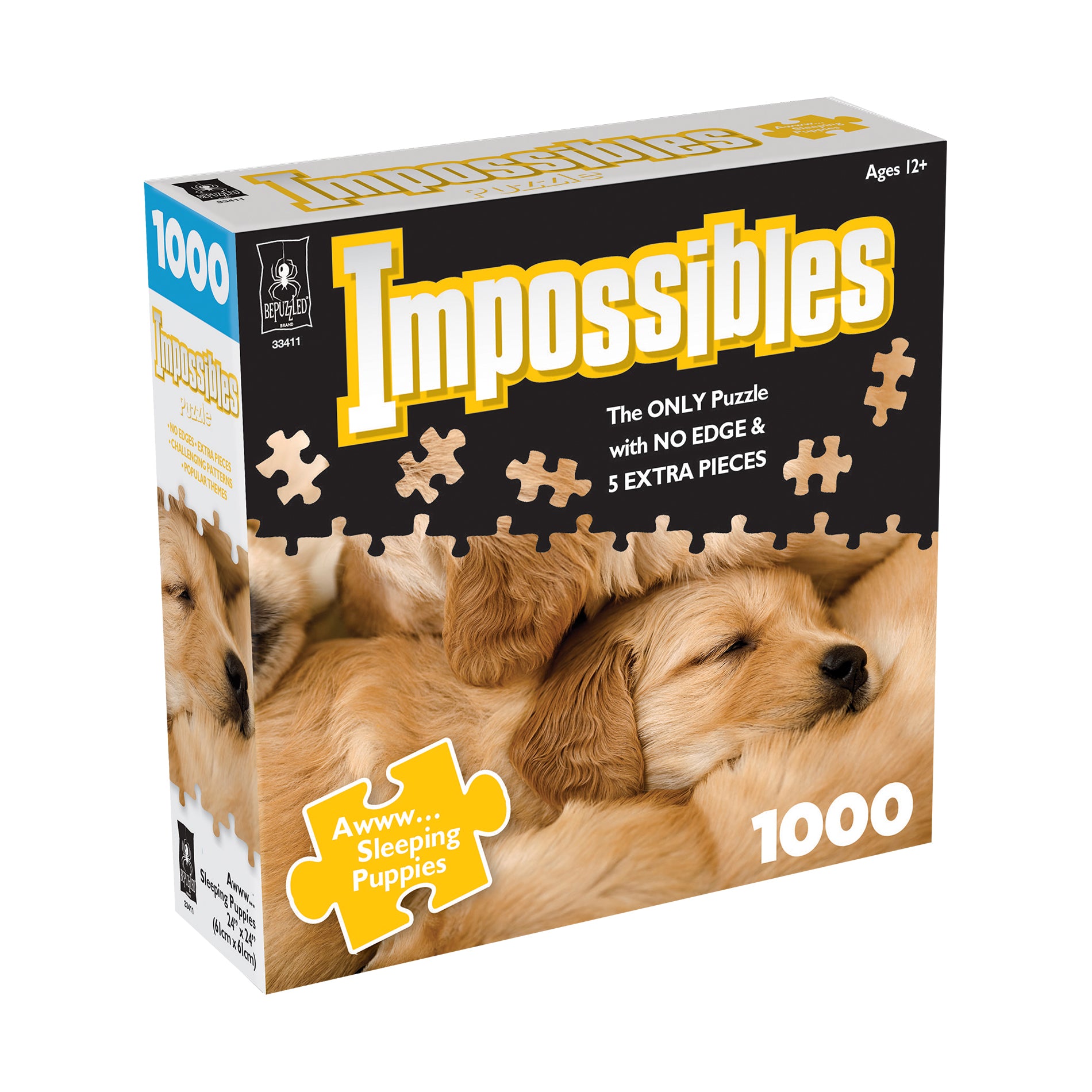 Impossibles 1000-piece jigsaw puzzle box featuring sleeping golden retriever puppies, labeled 'Awww Sleeping Puppies' with no edge pieces