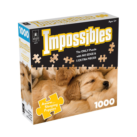 Impossibles 1000-piece jigsaw puzzle box featuring sleeping golden retriever puppies, labeled 'Awww Sleeping Puppies' with no edge pieces