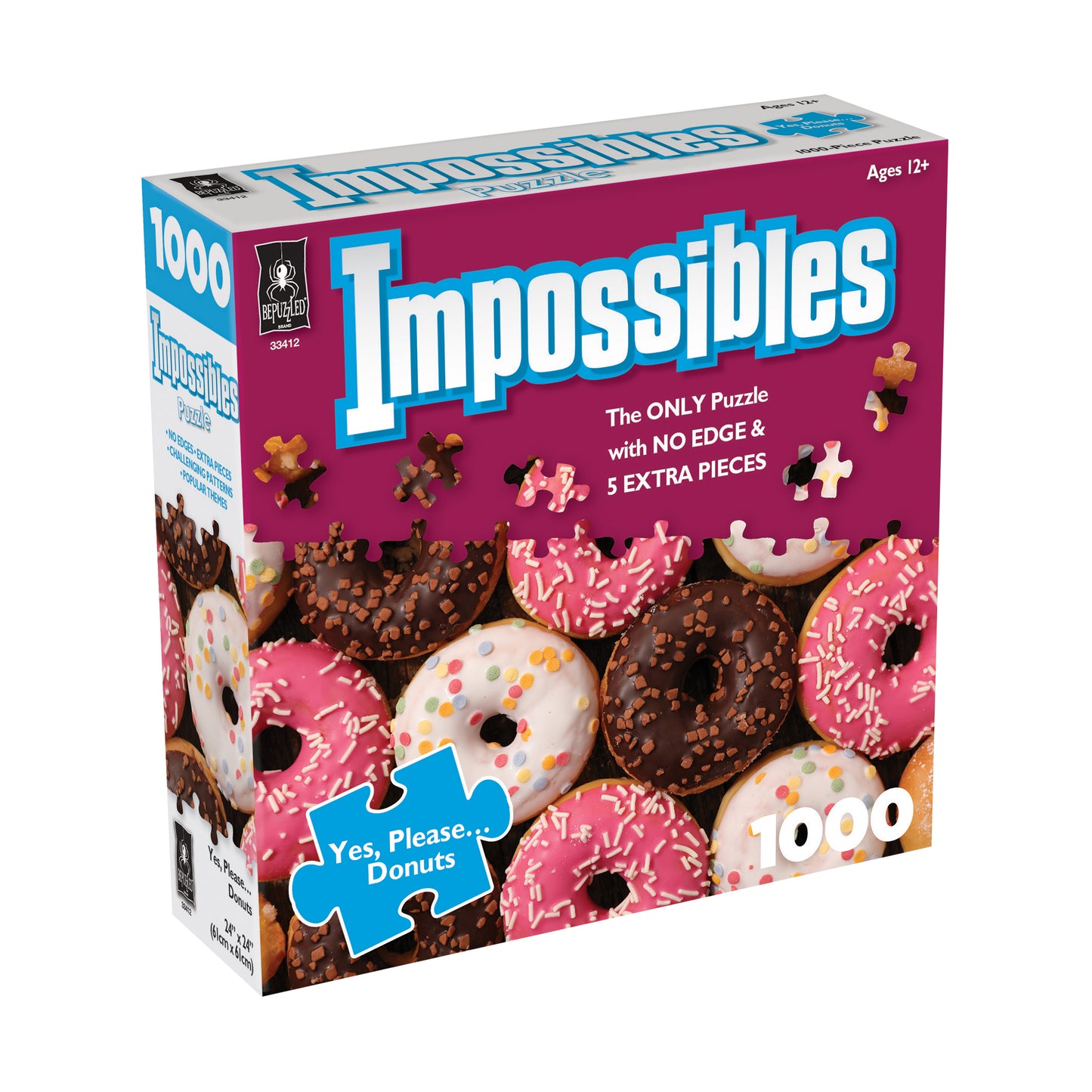 Impossibles 1000-piece jigsaw puzzle box featuring colorful frosted donuts with sprinkles, labeled 'Yes, Please Donuts' for ages 12+
