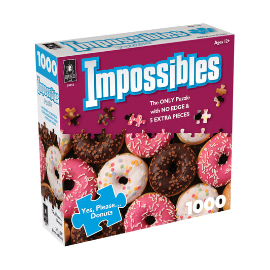 Impossibles 1000-piece jigsaw puzzle box featuring colorful frosted donuts with sprinkles, labeled 'Yes, Please Donuts' for ages 12+