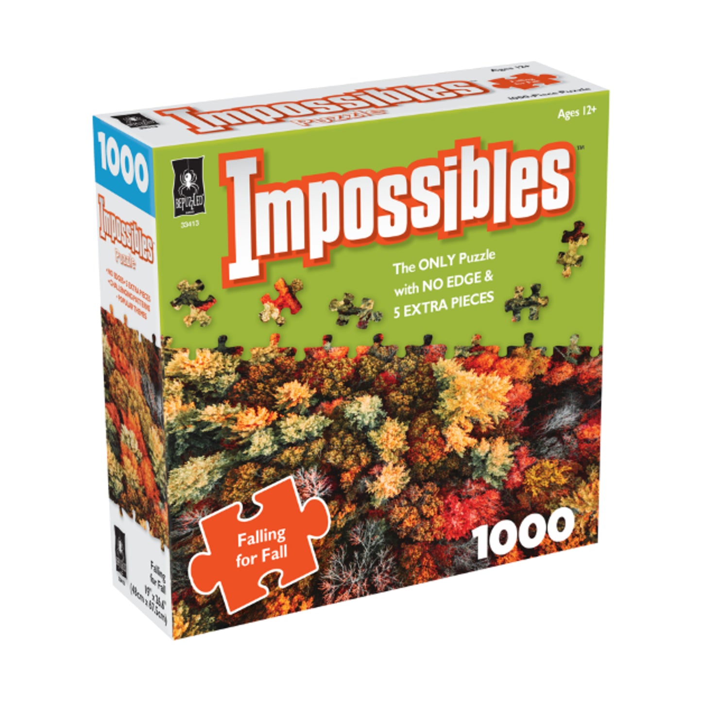 Impossibles 1000-piece puzzle box featuring colorful fall foliage with orange, red, and yellow leaves. Box shows puzzle piece cutouts and displays "Falling for