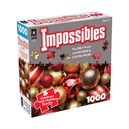 Impossibles 1000-piece jigsaw puzzle box featuring holiday ornaments in red and gold with puzzle pieces displayed on packaging