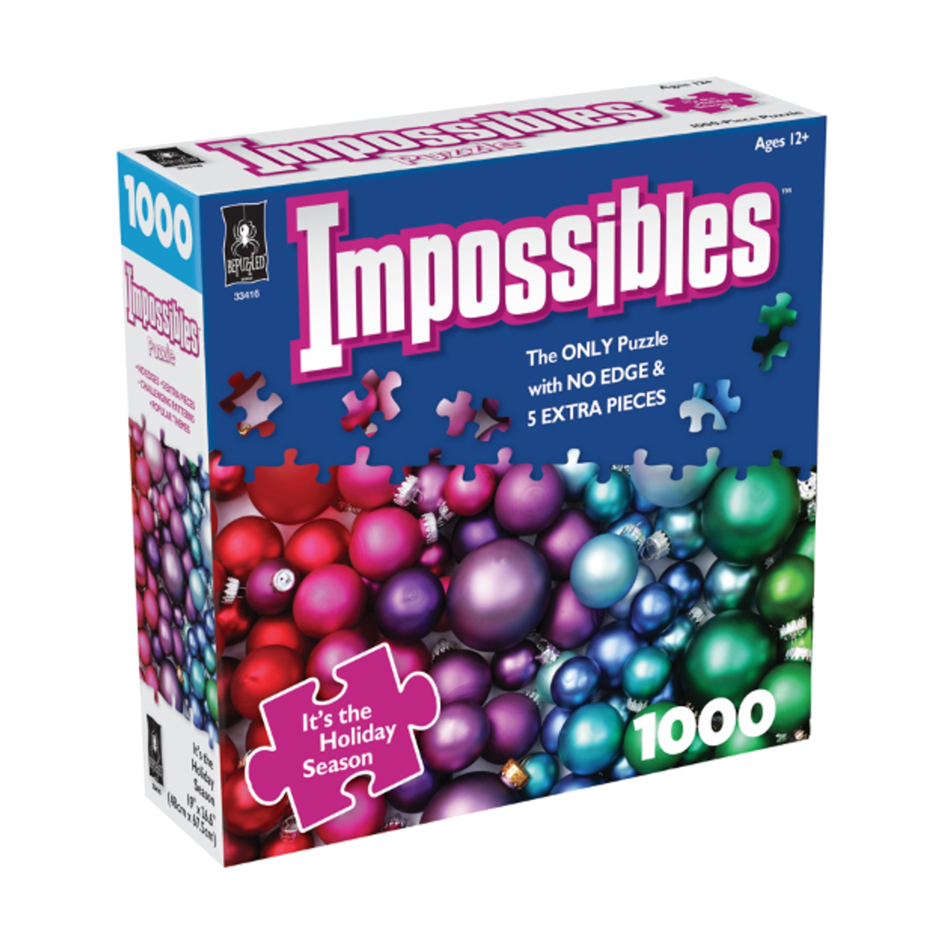Impossibles 1000-piece jigsaw puzzle box featuring colorful Christmas ornaments in red, pink, purple, blue, and green with no edge pieces