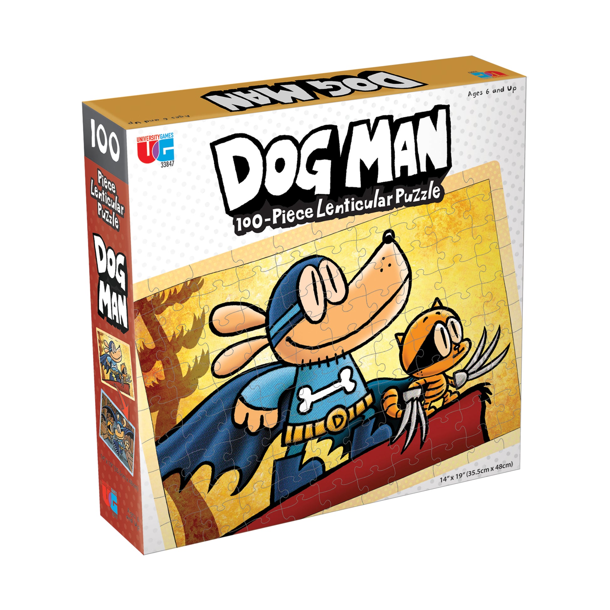 Dog Man 100-Piece Lenticular Puzzle featuring cartoon dog superhero character in blue cape