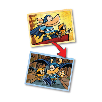 Dog Man Adventures 100-piece lenticular jigsaw puzzle featuring blue superhero dog character with orange sidekick
