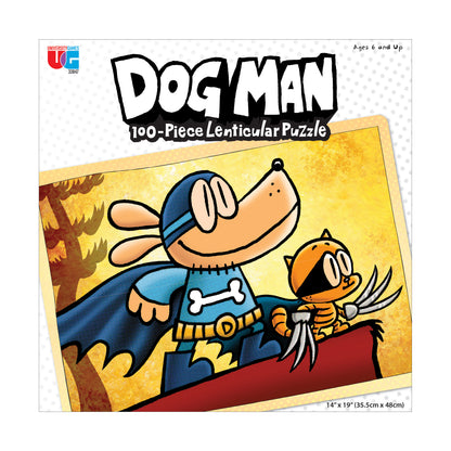 Dog Man 100-Piece Lenticular Puzzle featuring blue superhero dog character with orange sidekick