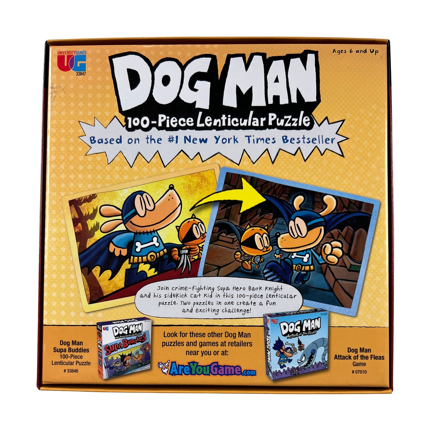 Dog Man 100-Piece Lenticular Puzzle featuring colorful cartoon characters in blue and orange