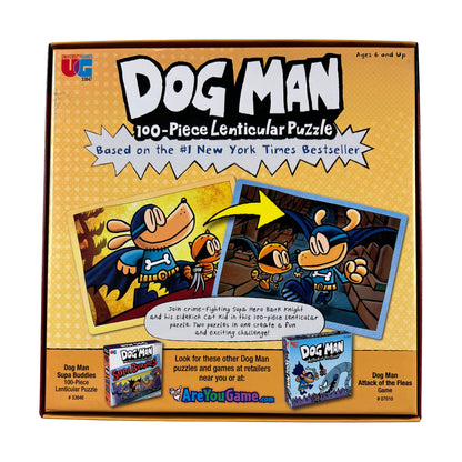 Dog Man 100-Piece Lenticular Puzzle featuring colorful cartoon characters in blue and orange