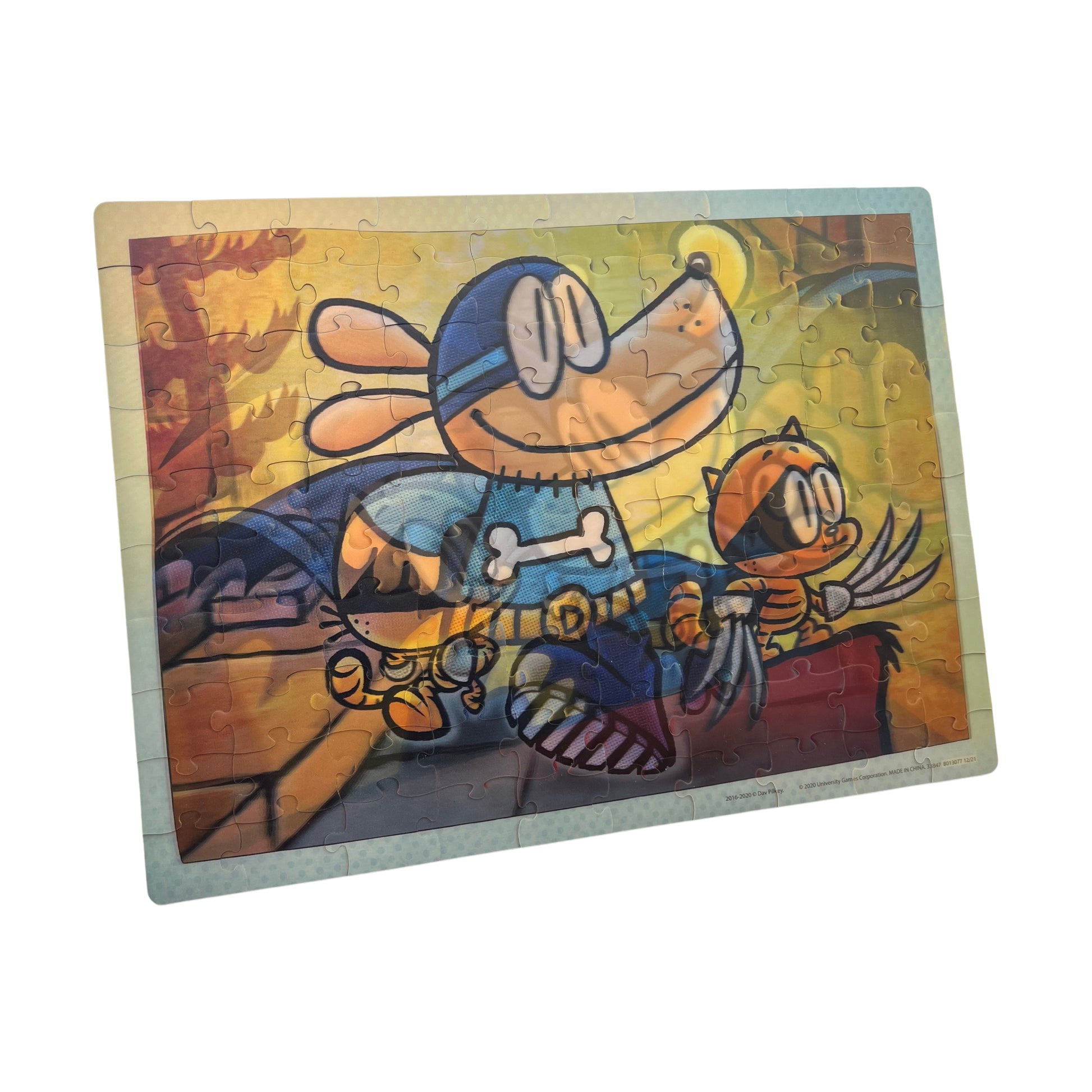 Dog Man Adventures 100-piece lenticular jigsaw puzzle featuring colorful cartoon characters