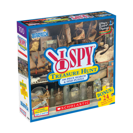 I Spy Treasure Hunt 100-piece jigsaw puzzle box featuring a pirate ship and treasure scene with hidden objects to find