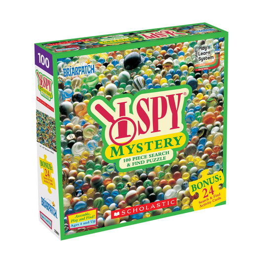 I Spy Mystery 100 Piece Search & Find Puzzle box featuring colorful marbles on green packaging, ages 4 and up, includes 24 bonus activity cards