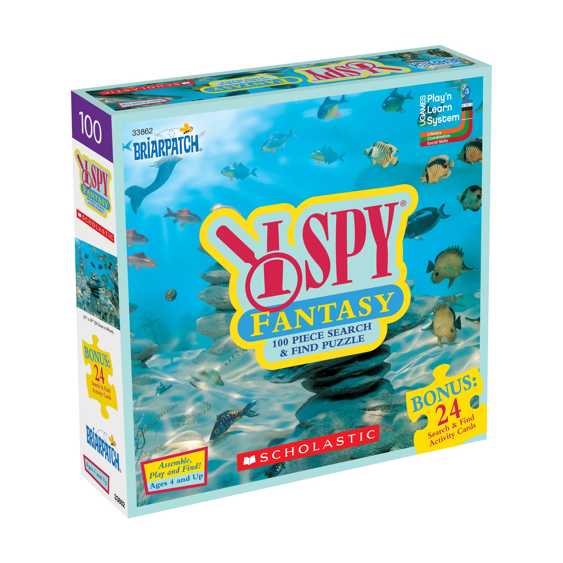 I Spy Fantasy Search & Find Puzzle box featuring underwater scene with fish and marine life, 100-piece puzzle with bonus 24 activity cards, ages 4 and up