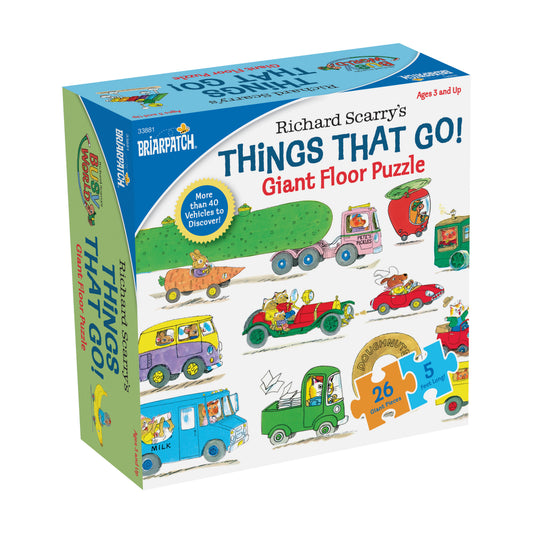 Richard Scarry's Things That Go! Giant Floor Puzzle box showing colorful vehicles including a carrot car, milk truck, and various transportation toys with 26 gi