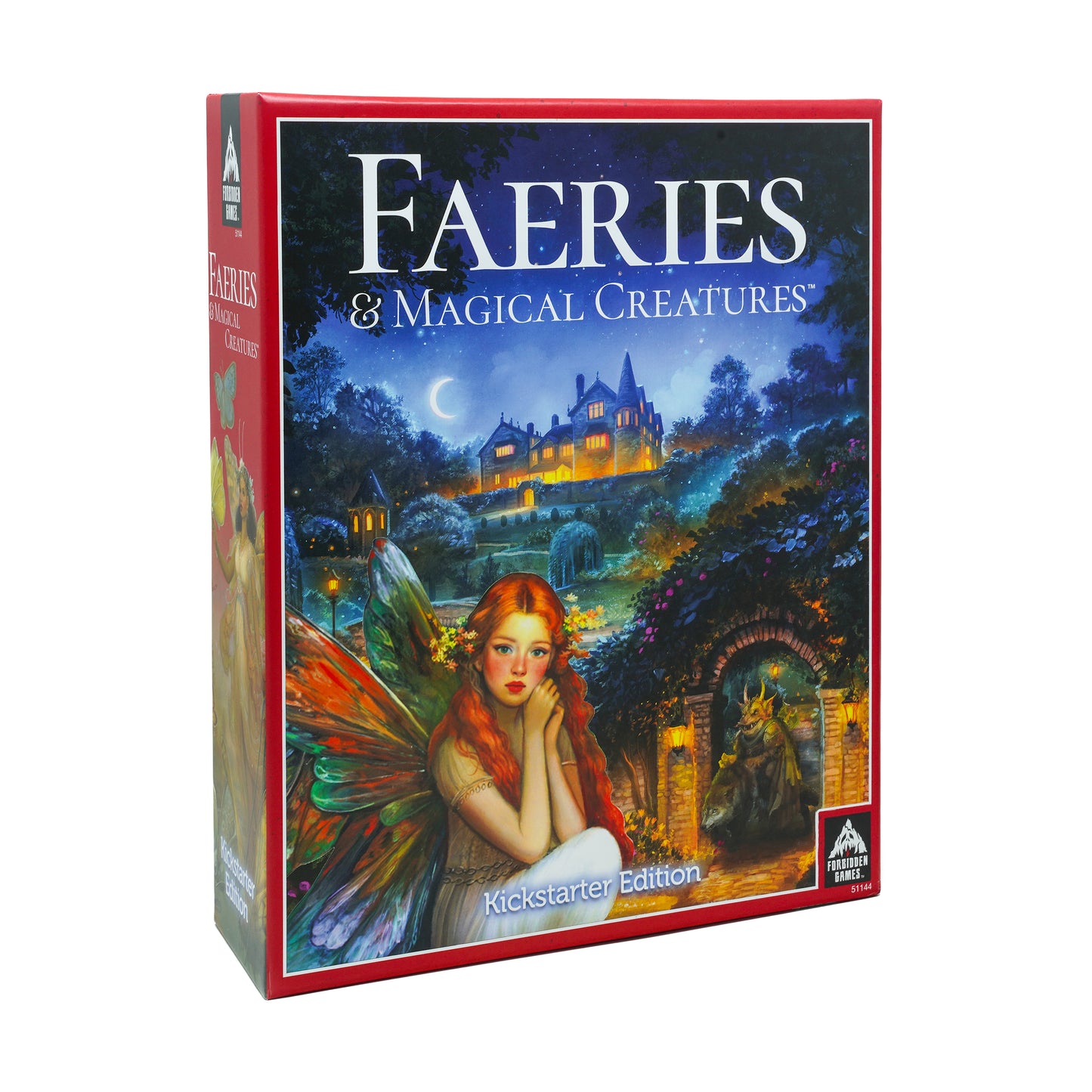 Faeries & Magical Creatures board game box featuring a red border, illustration of a winged fairy with red hair in a glowing castle garden at night, labeled Kic