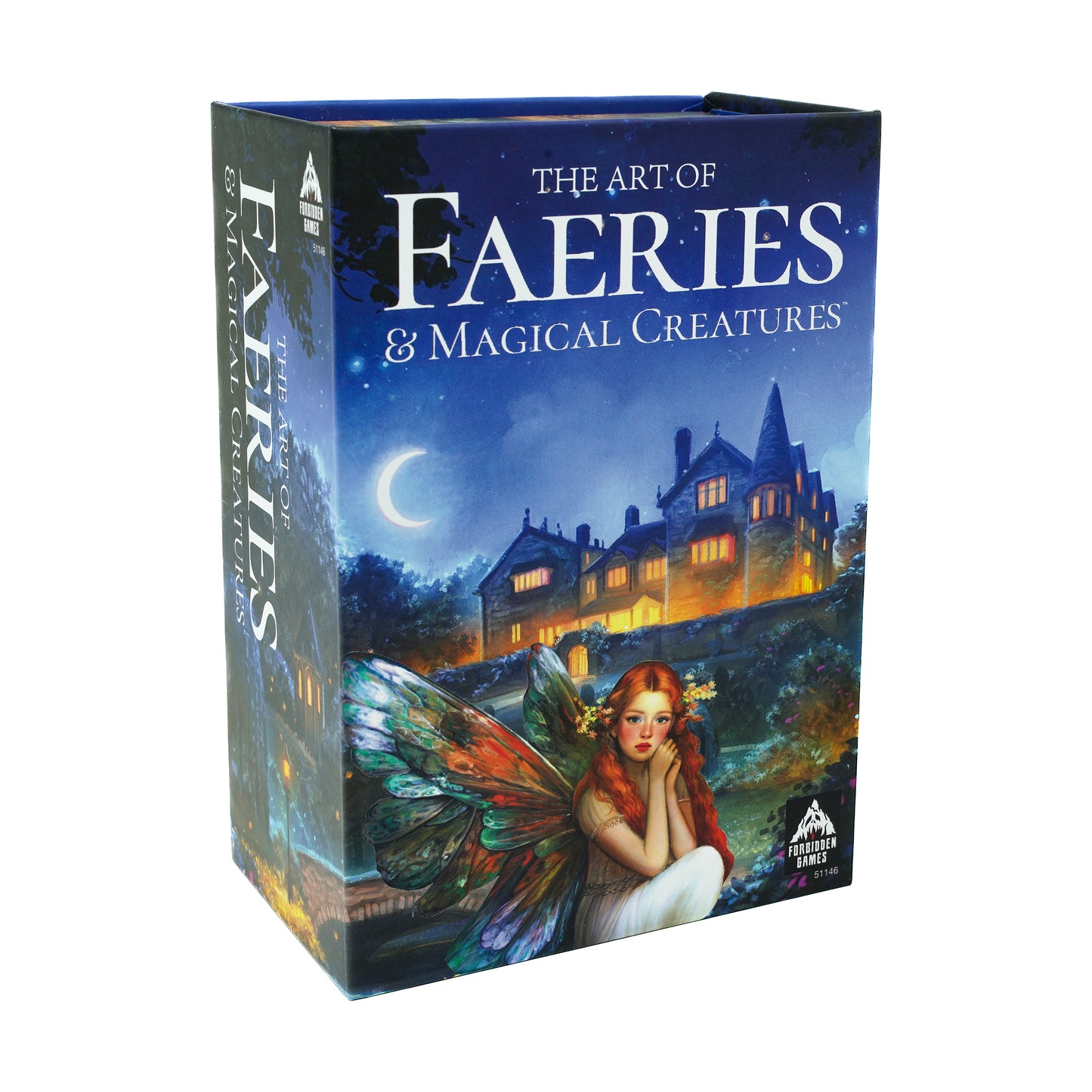 The Art of Faeries & Magical Creatures box featuring an illustrated red-haired fairy with colorful wings in front of an illuminated castle under a crescent moon