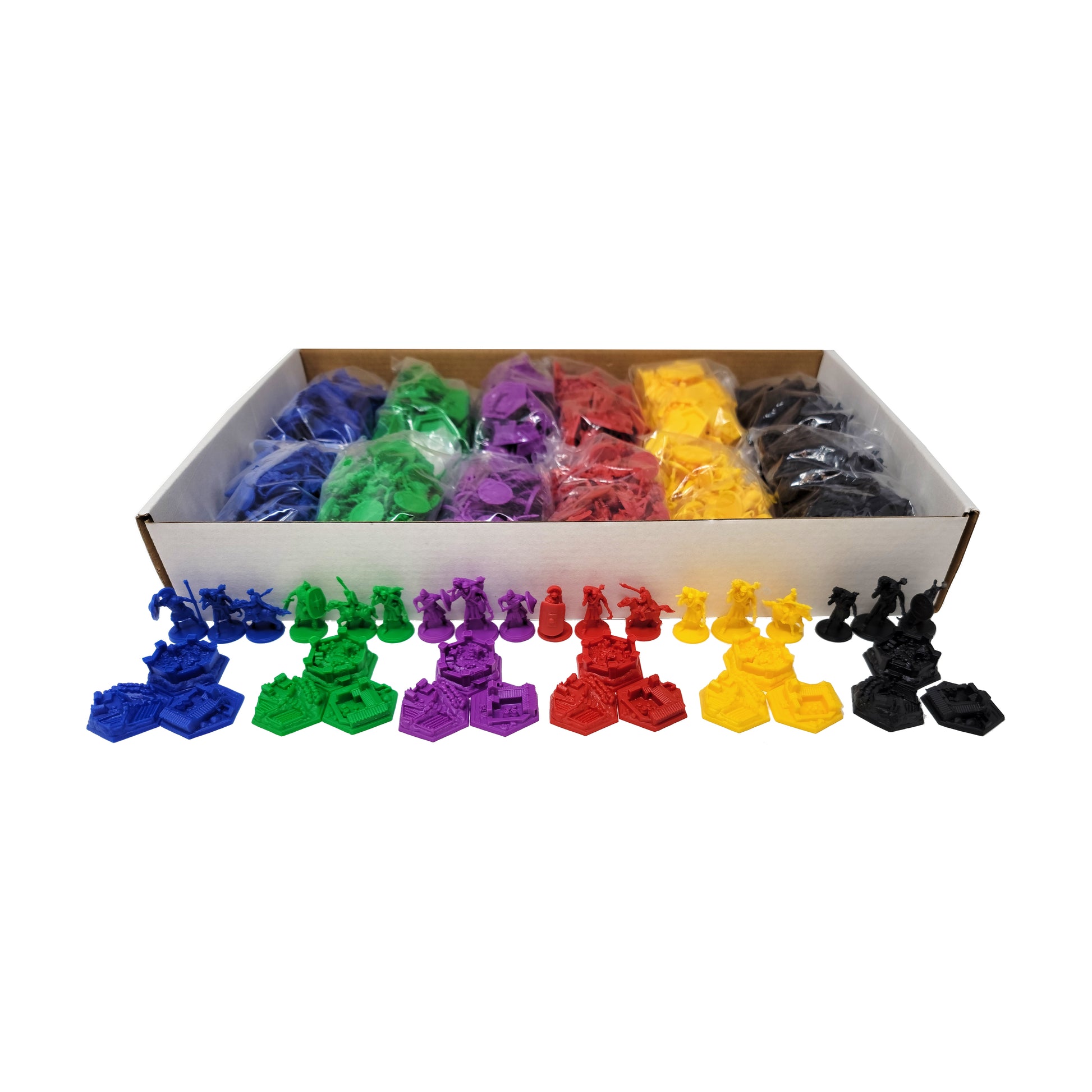 Mosaic board game expansion pack with six sets of colorful plastic miniature pieces in blue, green, purple, red, yellow, and black, shown in open box and displa