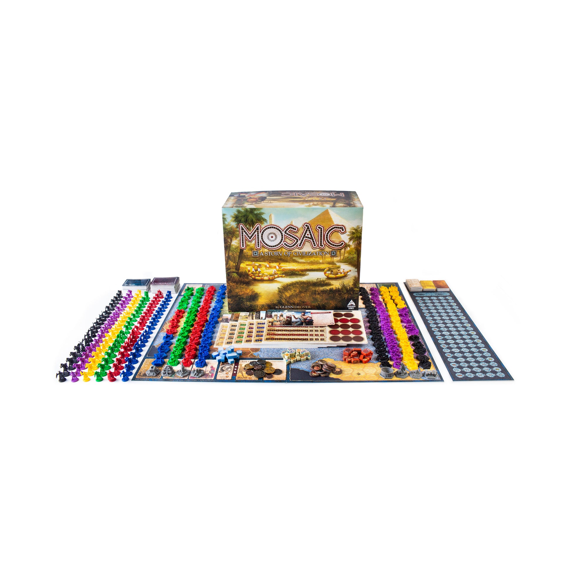 Mosaic: A Story of Civilization board game with box, game board, colorful player pieces in multiple colors arranged in rows, cards, tokens, and other game compo