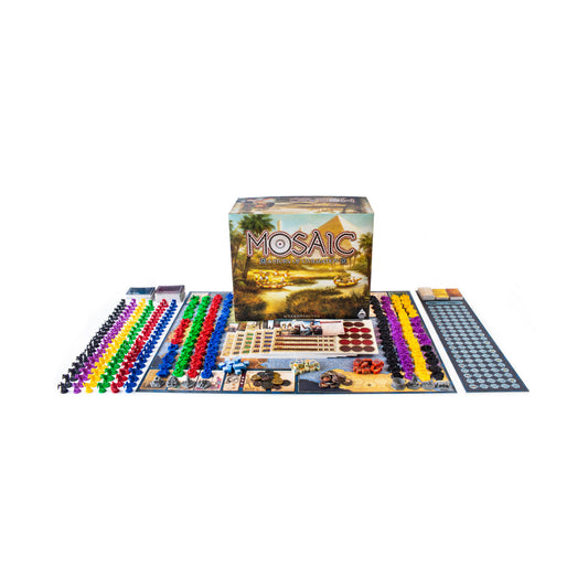 Mosaic: A Story of Civilization board game with box, game board, colored player pieces in rows, cards, tokens, and reference sheets displayed