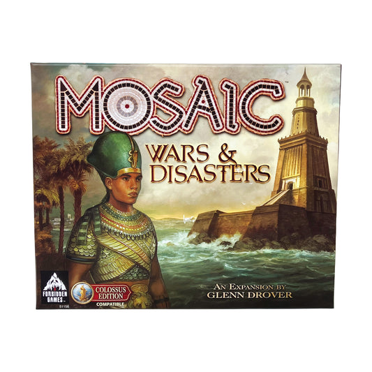 Mosaic Wars & Disasters Expansion board game box with Egyptian pharaoh artwork and lighthouse