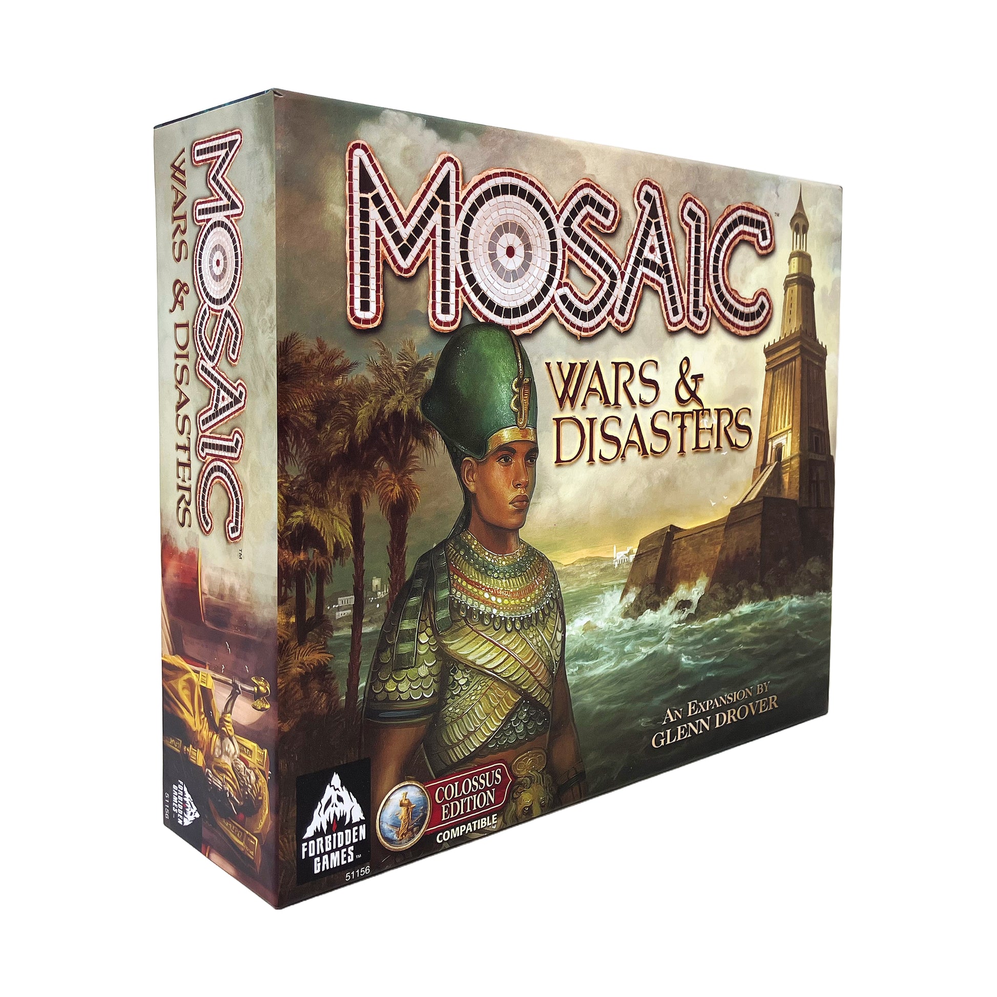 Mosaic Wars & Disasters Expansion board game box featuring Egyptian pharaoh artwork and Colossus Edition branding